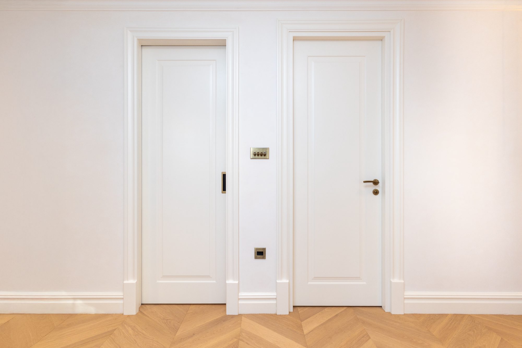 Two panelled internal doors with aged brass ironmongery